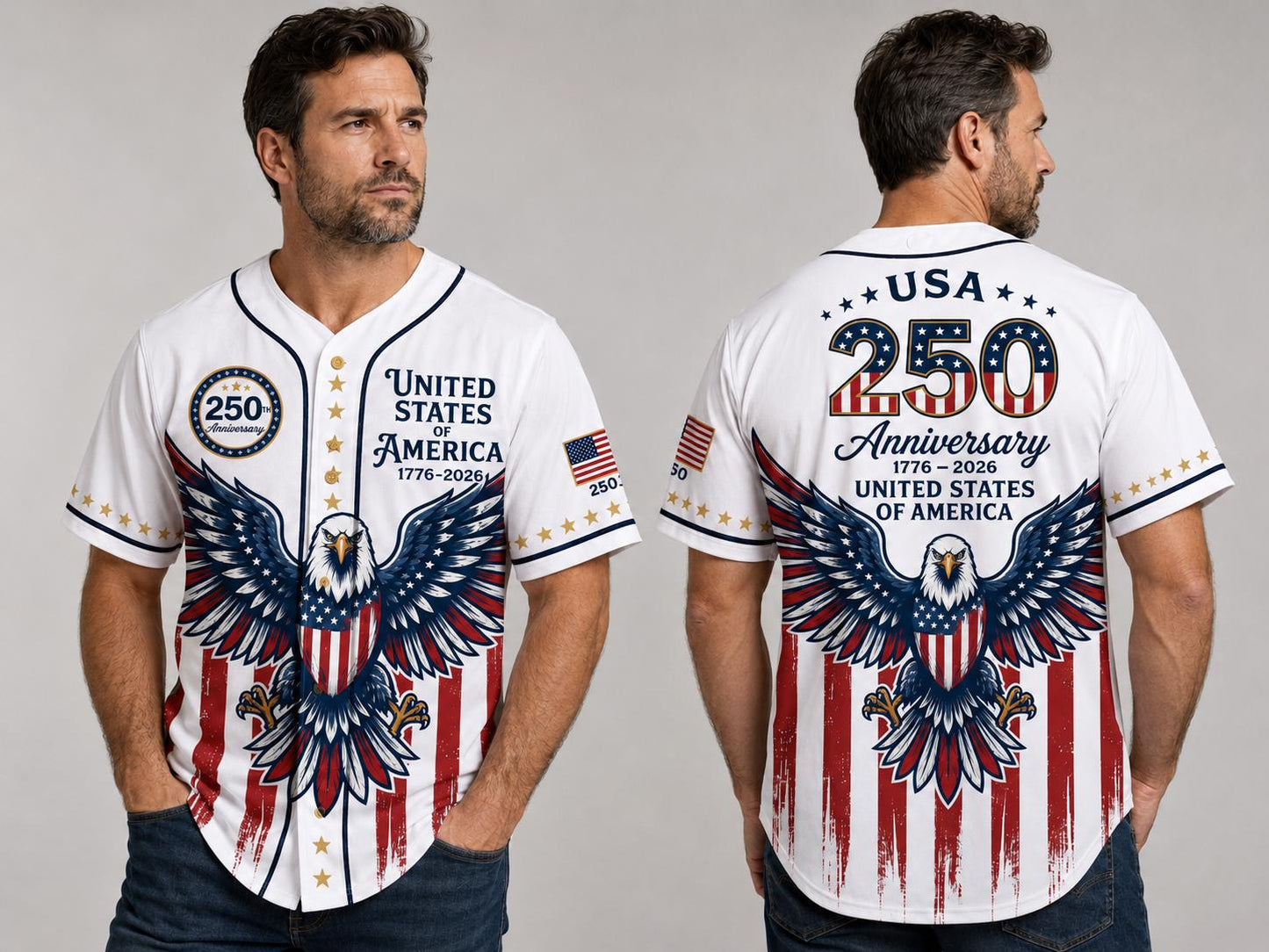 United States of America 250th Anniversary Jersey, USA Eagle Baseball Shirt 1776 2026, White Patriotic Men Gift, 4th of July 2026 Tee