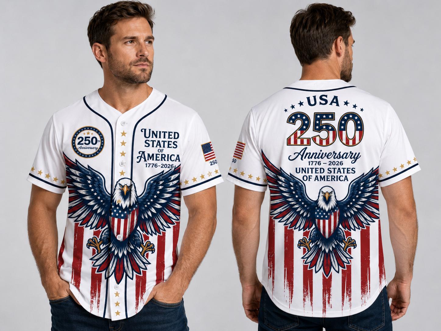 United States of America 250th Anniversary Jersey, USA Eagle Baseball Shirt 1776 2026, White Patriotic Men Gift, 4th of July 2026 Tee