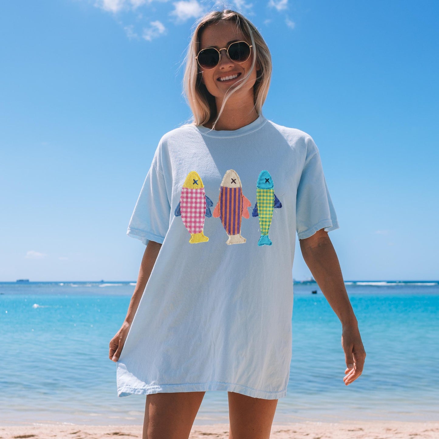 Comfort Colors® Summer Fish shirt, Patchwork Quilted fis tee, Sardine Beach shirt, Vintage Aesthetic Tee. Cool Womens shirt. Summer Shirt.