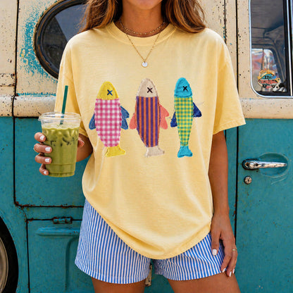 Comfort Colors® Summer Fish shirt, Patchwork Quilted fis tee, Sardine Beach shirt, Vintage Aesthetic Tee. Cool Womens shirt. Summer Shirt.