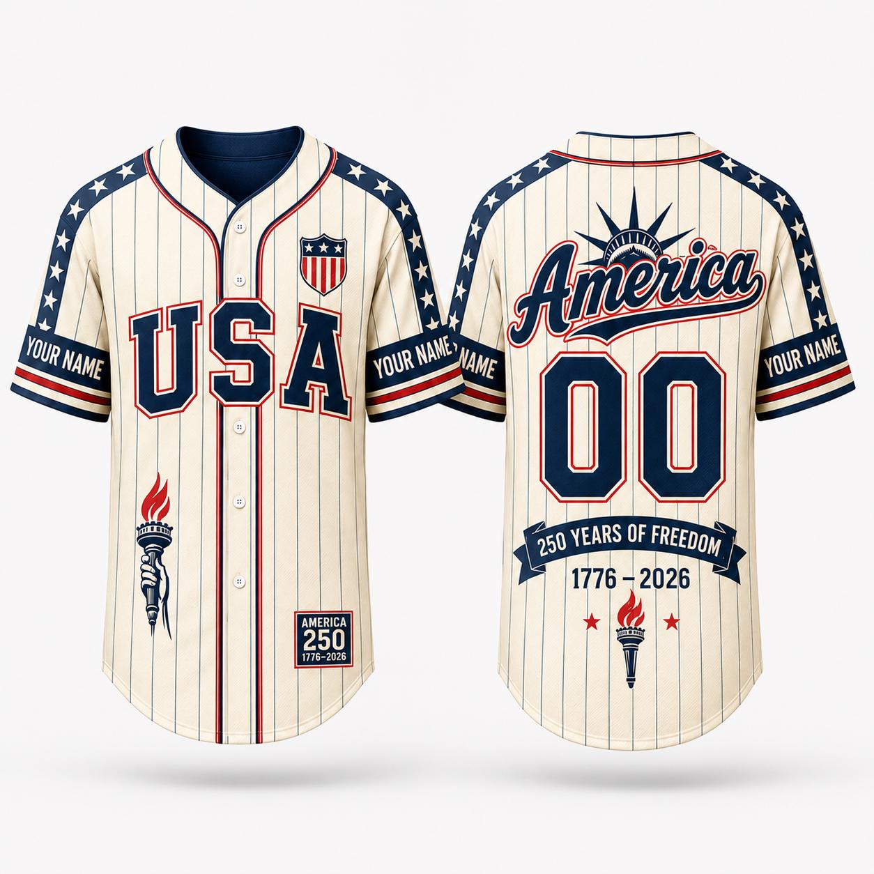 Personalized USA 250 Baseball Jersey, Custom Name Number America Jersey, 1776 2026 Patriotic Shirt, 250 Years of Freedom Gift
