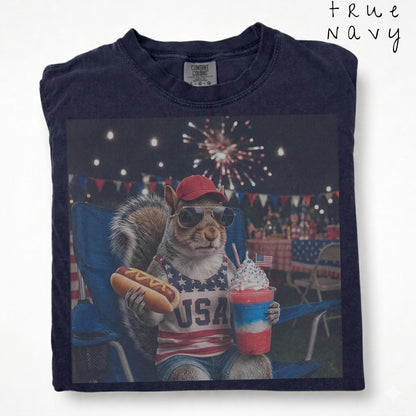 Comfort Colors® Funny Patriotic Hotdog Slushie Squirrel Shirt 4th of July America Shirt Design Funny USA Animal Graphic Top Independence Day