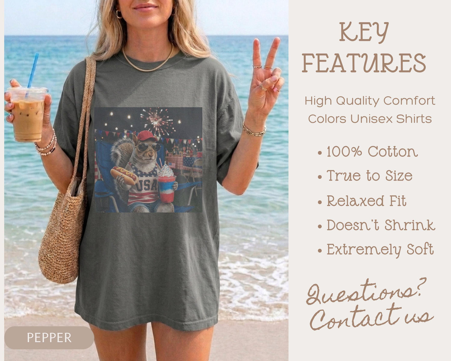 Comfort Colors® Funny Patriotic Hotdog Slushie Squirrel Shirt 4th of July America Shirt Design Funny USA Animal Graphic Top Independence Day