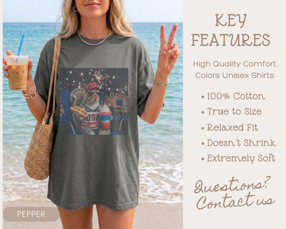 Comfort Colors® Funny Patriotic Hotdog Slushie Squirrel Shirt 4th of July America Shirt Design Funny USA Animal Graphic Top Independence Day