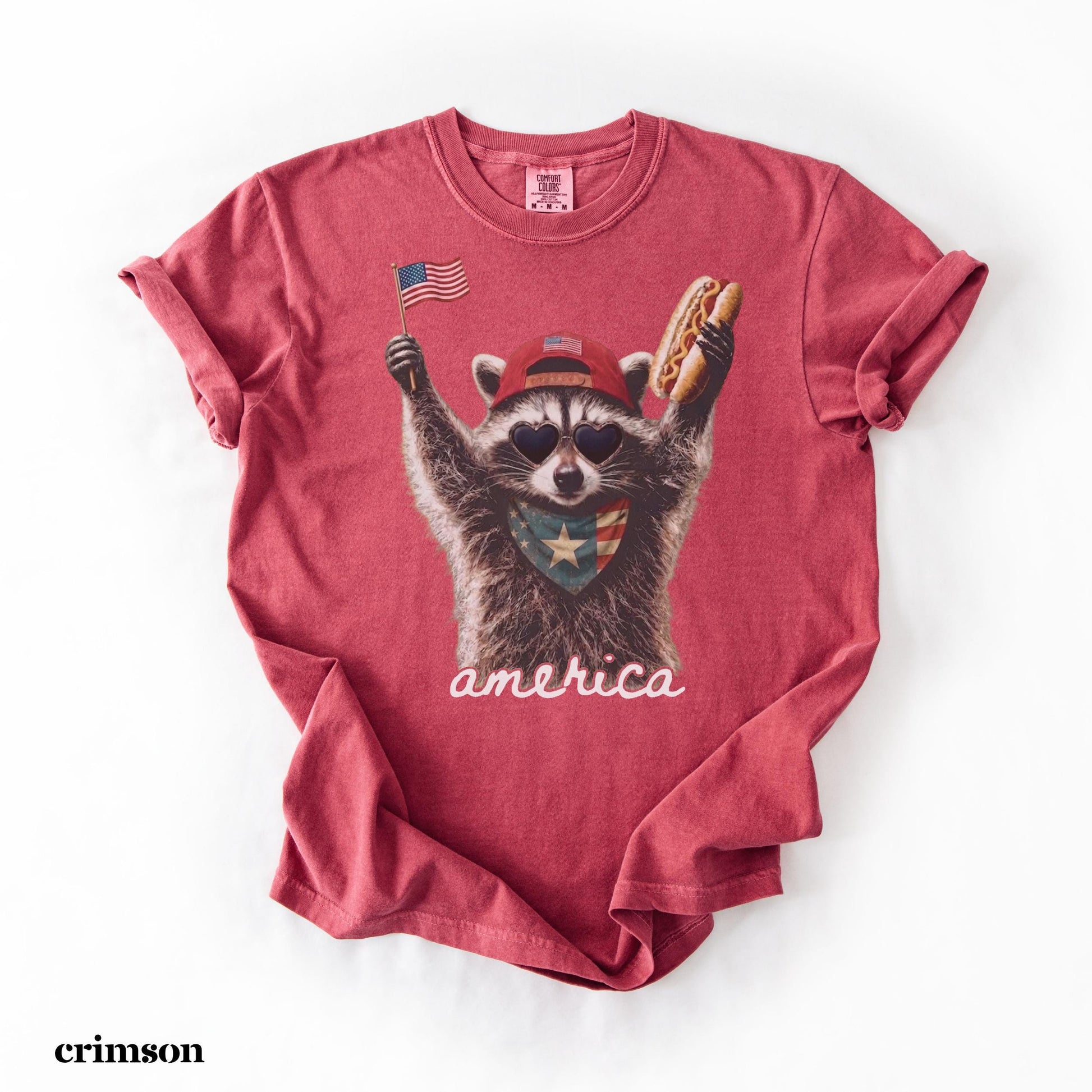 Comfort Colors® America Raccoon Hot Dog Shirt, Kids 4th of July Raccoon Shirt, Patriotic American Flag Tee, Women's Retro USA Animal T-Shirt