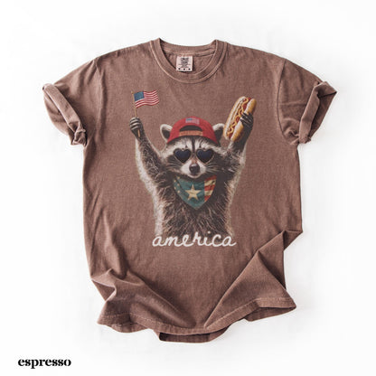Comfort Colors® America Raccoon Hot Dog Shirt, Kids 4th of July Raccoon Shirt, Patriotic American Flag Tee, Women's Retro USA Animal T-Shirt