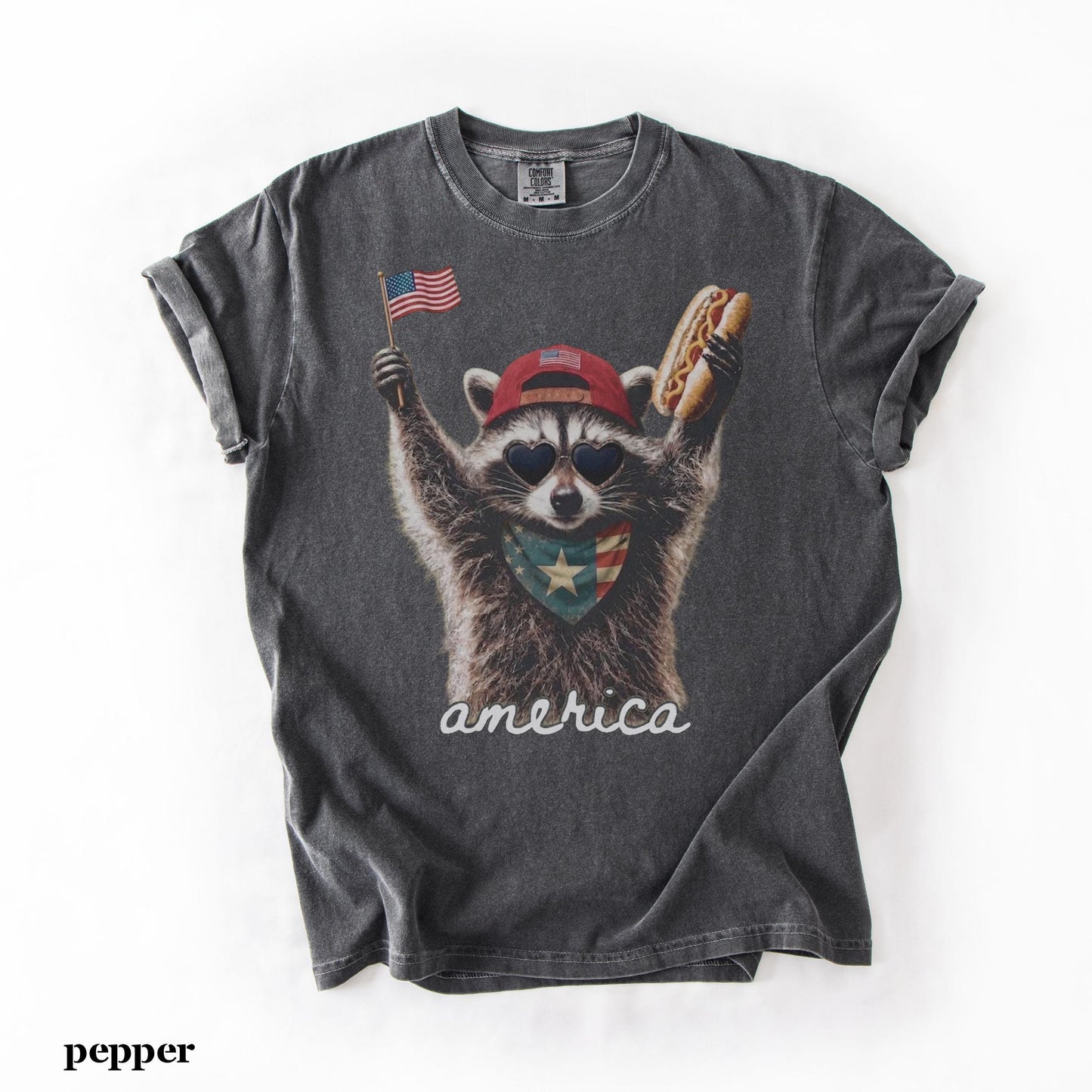 Comfort Colors® America Raccoon Hot Dog Shirt, Kids 4th of July Raccoon Shirt, Patriotic American Flag Tee, Women's Retro USA Animal T-Shirt