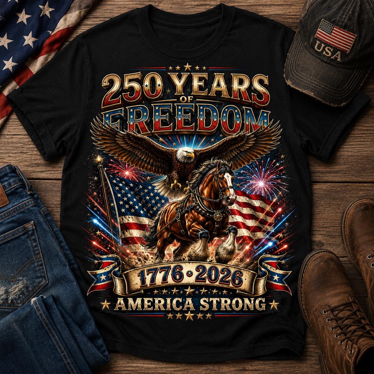 America 250 Years of Freedom Shirt, Patriotic Eagle Horse T-Shirt, USA 1776 2026 Anniversary Tee, Fourth of July Gift
