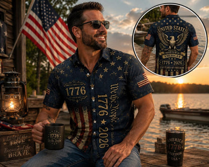 1776–2026 American Eagle Hawaiian Shirt, 250th Anniversary USA Shirt, Proud To Be An American Button Up, Patriotic Independence Day Gift