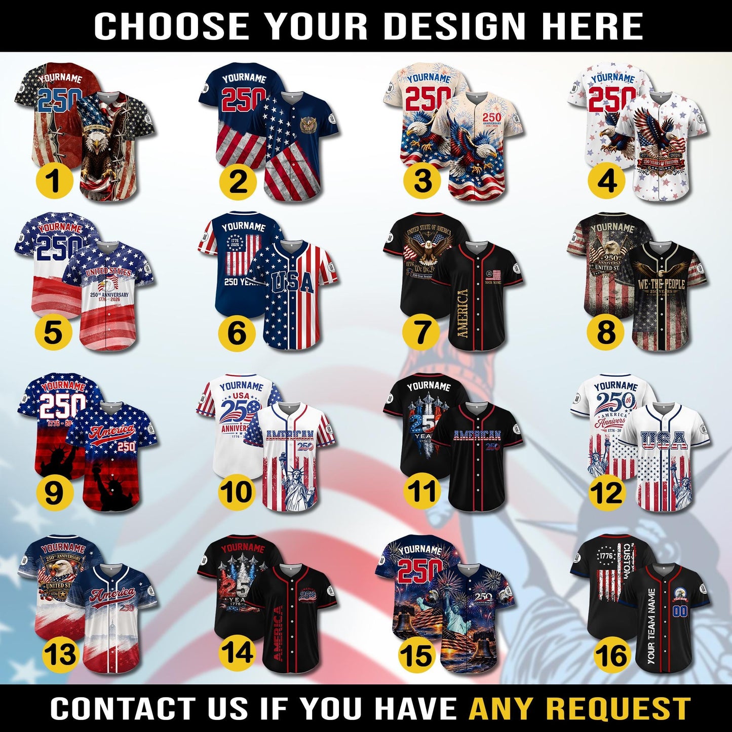 Personalized USA 250th Baseball Jerseys for Men, Custom USA 250 Baseball Jersey with Name Button Down Shirt for July 4th Celebration
