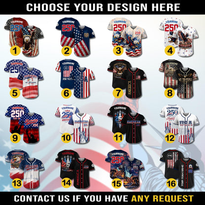 Personalized USA 250th Baseball Jerseys for Men, Custom USA 250 Baseball Jersey with Name Button Down Shirt for July 4th Celebration