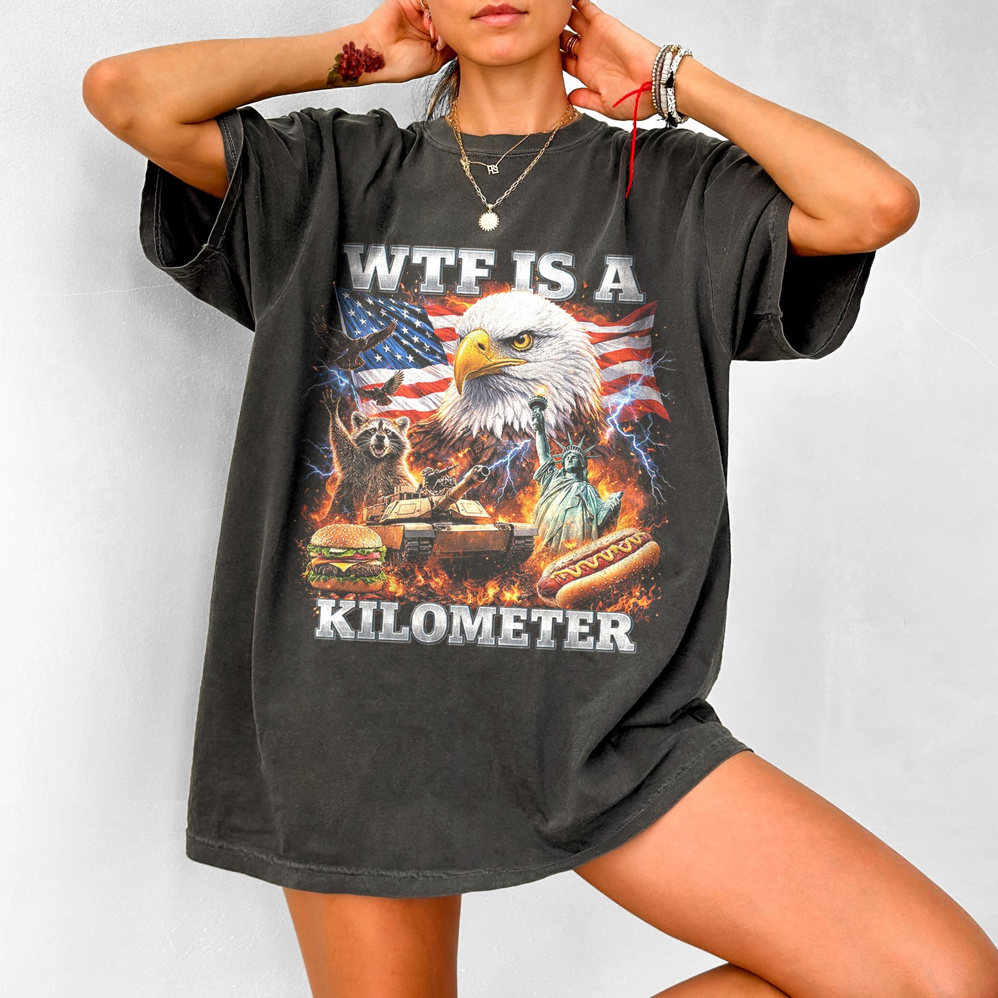 WTF Is A Kilometer Shirt Funny Patriotic USA Eagle Graphic Tee Vintage American Meme T Shirt 4th Of July Retro Unisex Independence Day Gift