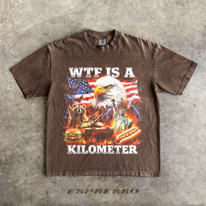 WTF Is A Kilometer Shirt Funny Patriotic USA Eagle Graphic Tee Vintage American Meme T Shirt 4th Of July Retro Unisex Independence Day Gift