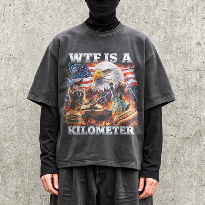 WTF Is A Kilometer Shirt Funny Patriotic USA Eagle Graphic Tee Vintage American Meme T Shirt 4th Of July Retro Unisex Independence Day Gift