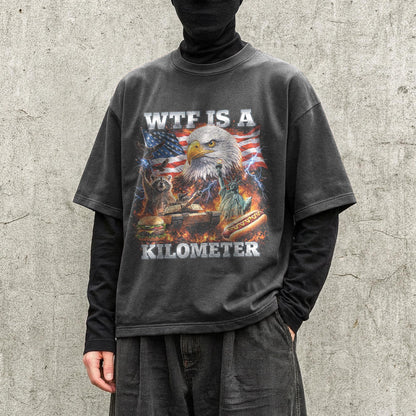 WTF Is A Kilometer Shirt Funny Patriotic USA Eagle Graphic Tee Vintage American Meme T Shirt 4th Of July Retro Unisex Independence Day Gift