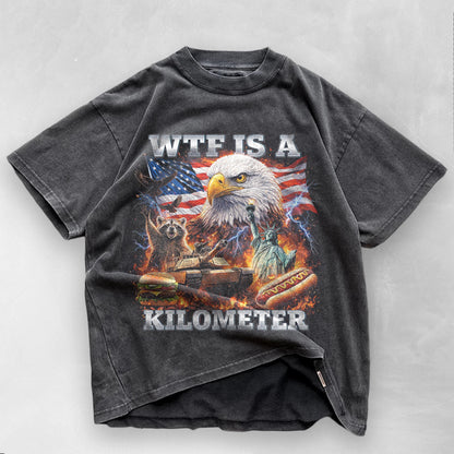 WTF Is A Kilometer Shirt Funny Patriotic USA Eagle Graphic Tee Vintage American Meme T Shirt 4th Of July Retro Unisex Independence Day Gift