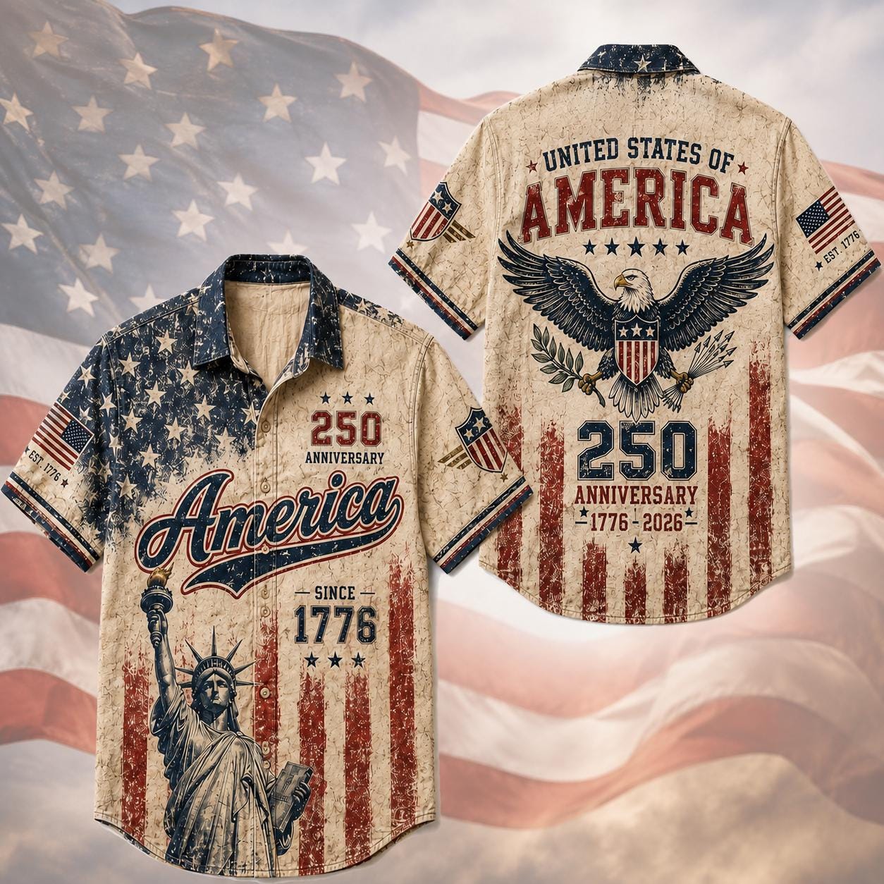 Vintage America 250th Anniversary Button Up Shirt, Patriotic Eagle Independence Day USA 1776 2026 Distressed Hawaiian Shirt,4th of July Gift
