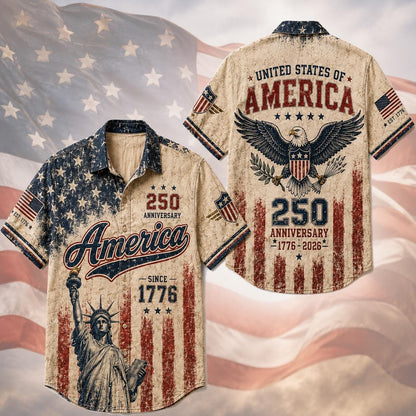 Vintage America 250th Anniversary Button Up Shirt, Patriotic Eagle Independence Day USA 1776 2026 Distressed Hawaiian Shirt,4th of July Gift