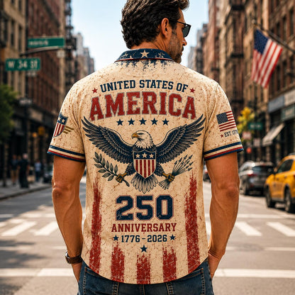 Vintage America 250th Anniversary Button Up Shirt, Patriotic Eagle Independence Day USA 1776 2026 Distressed Hawaiian Shirt,4th of July Gift