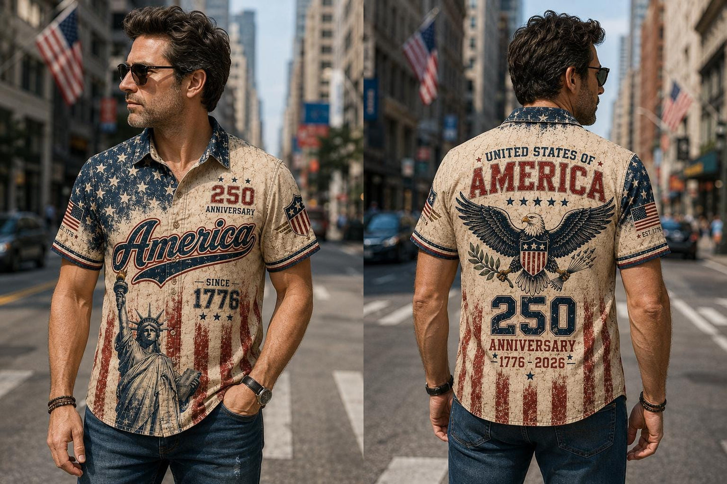 Vintage America 250th Anniversary Button Up Shirt, Patriotic Eagle Independence Day USA 1776 2026 Distressed Hawaiian Shirt,4th of July Gift