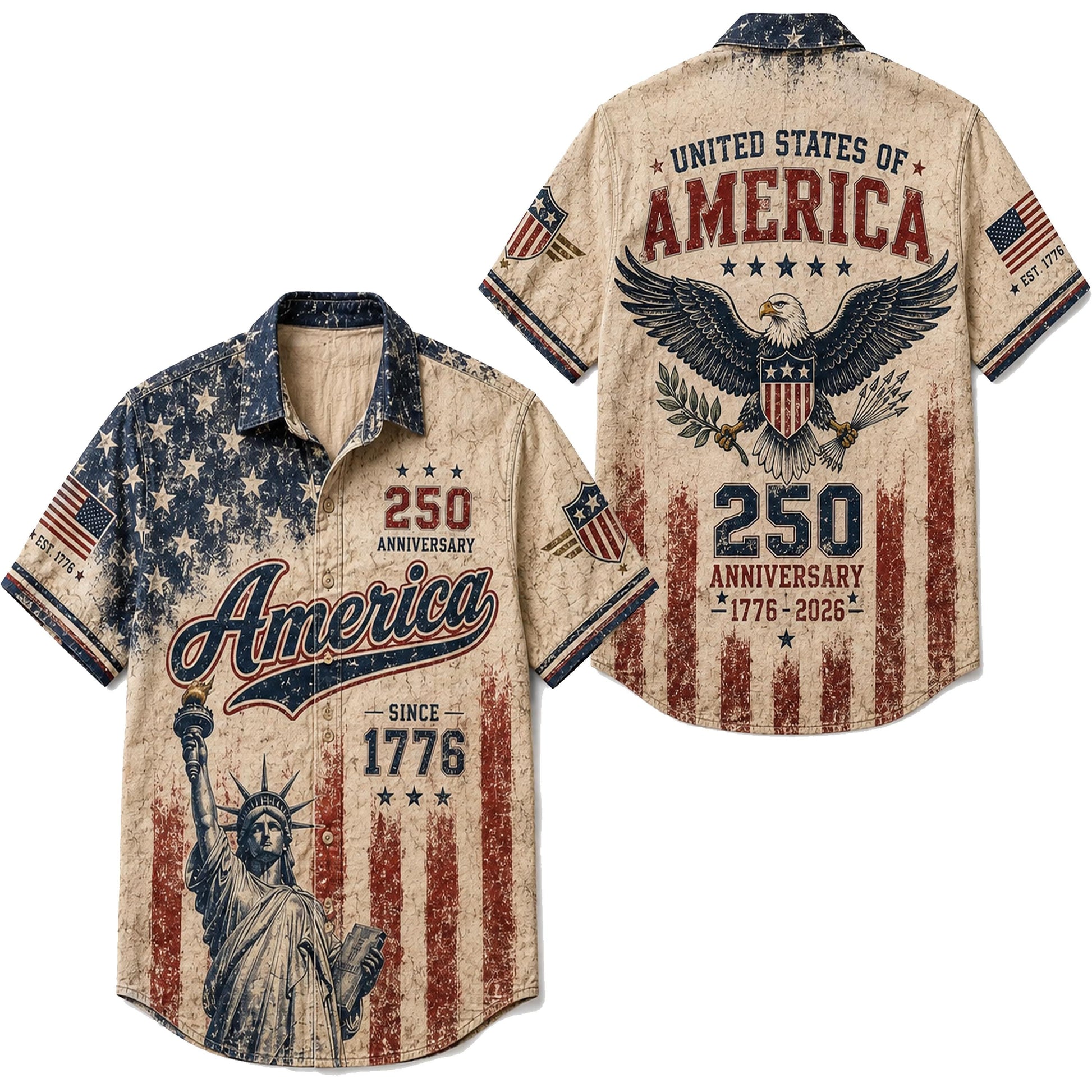 Vintage America 250th Anniversary Button Up Shirt, Patriotic Eagle Independence Day USA 1776 2026 Distressed Hawaiian Shirt,4th of July Gift