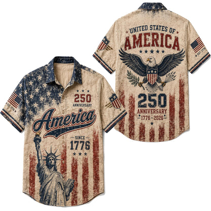 Vintage America 250th Anniversary Button Up Shirt, Patriotic Eagle Independence Day USA 1776 2026 Distressed Hawaiian Shirt,4th of July Gift