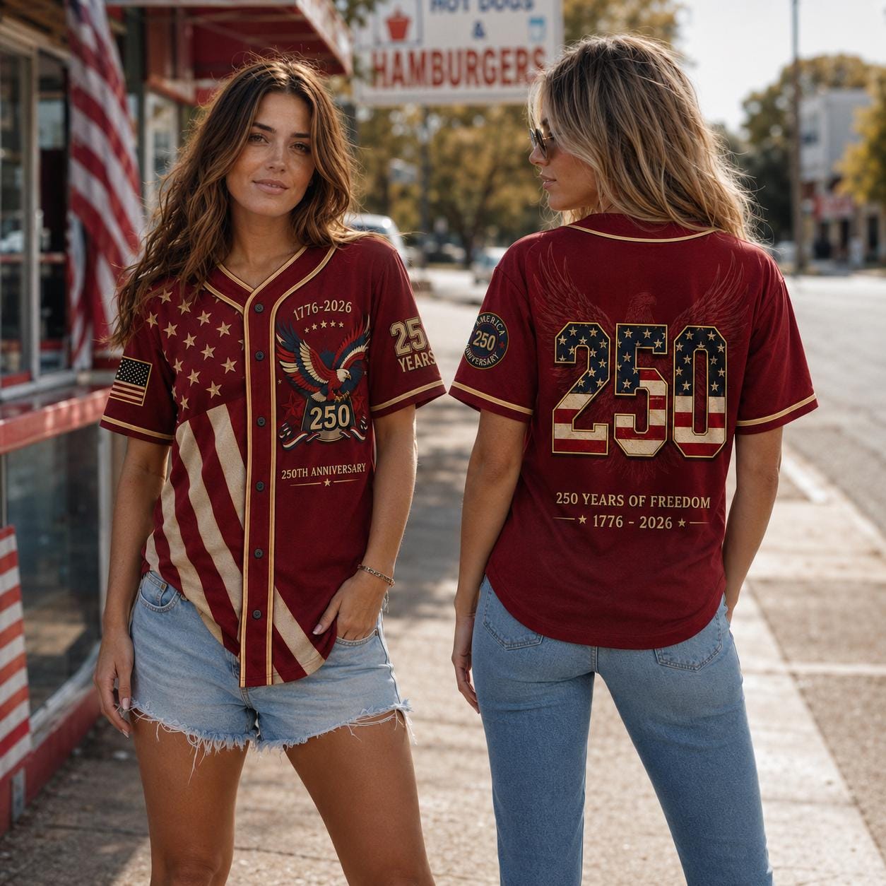 Burgundy USA 250th Anniversary Baseball Jersey, Women’s Patriotic Game Day Shirt, America 1776–2026 Freedom Eagle Jersey