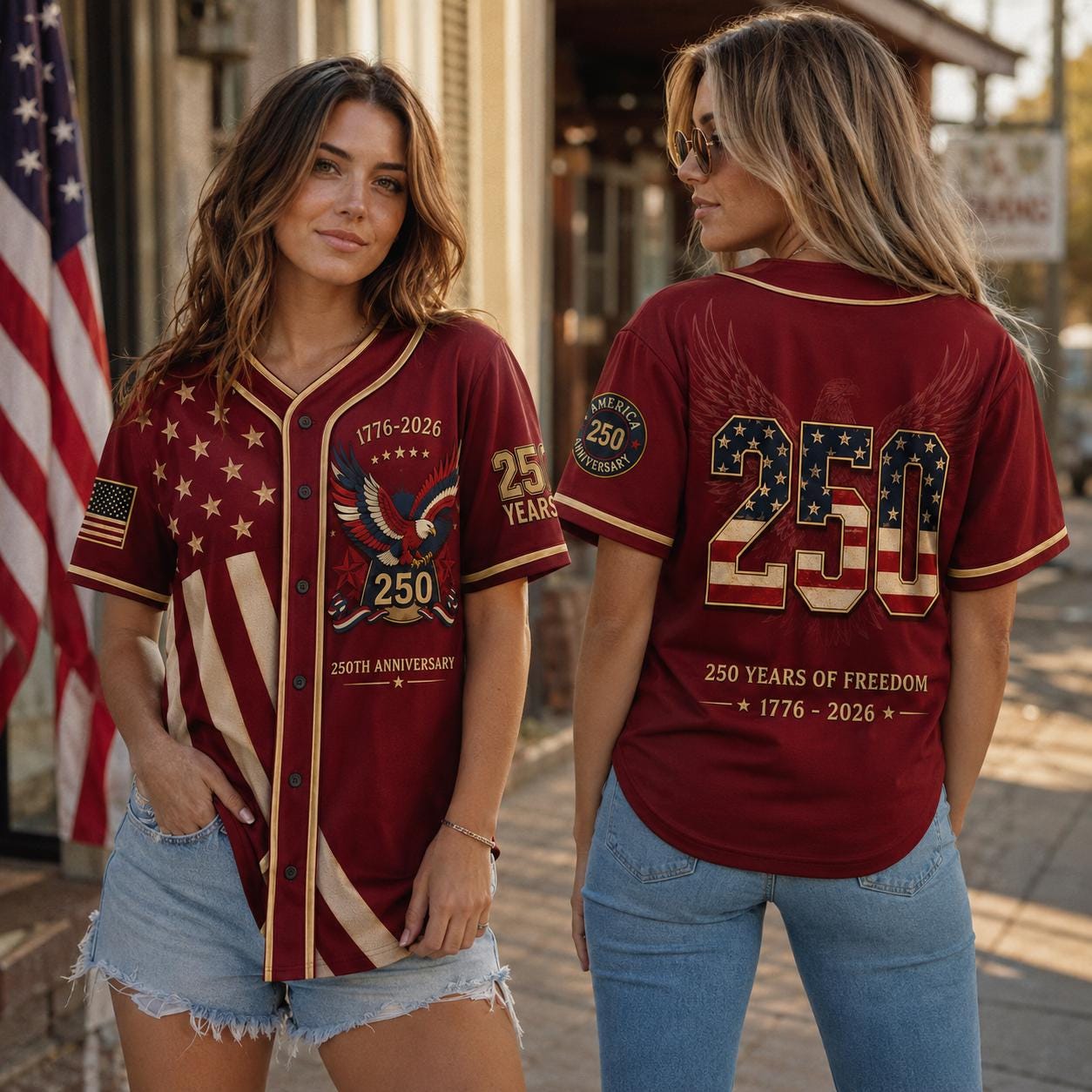 Burgundy USA 250th Anniversary Baseball Jersey, Women’s Patriotic Game Day Shirt, America 1776–2026 Freedom Eagle Jersey
