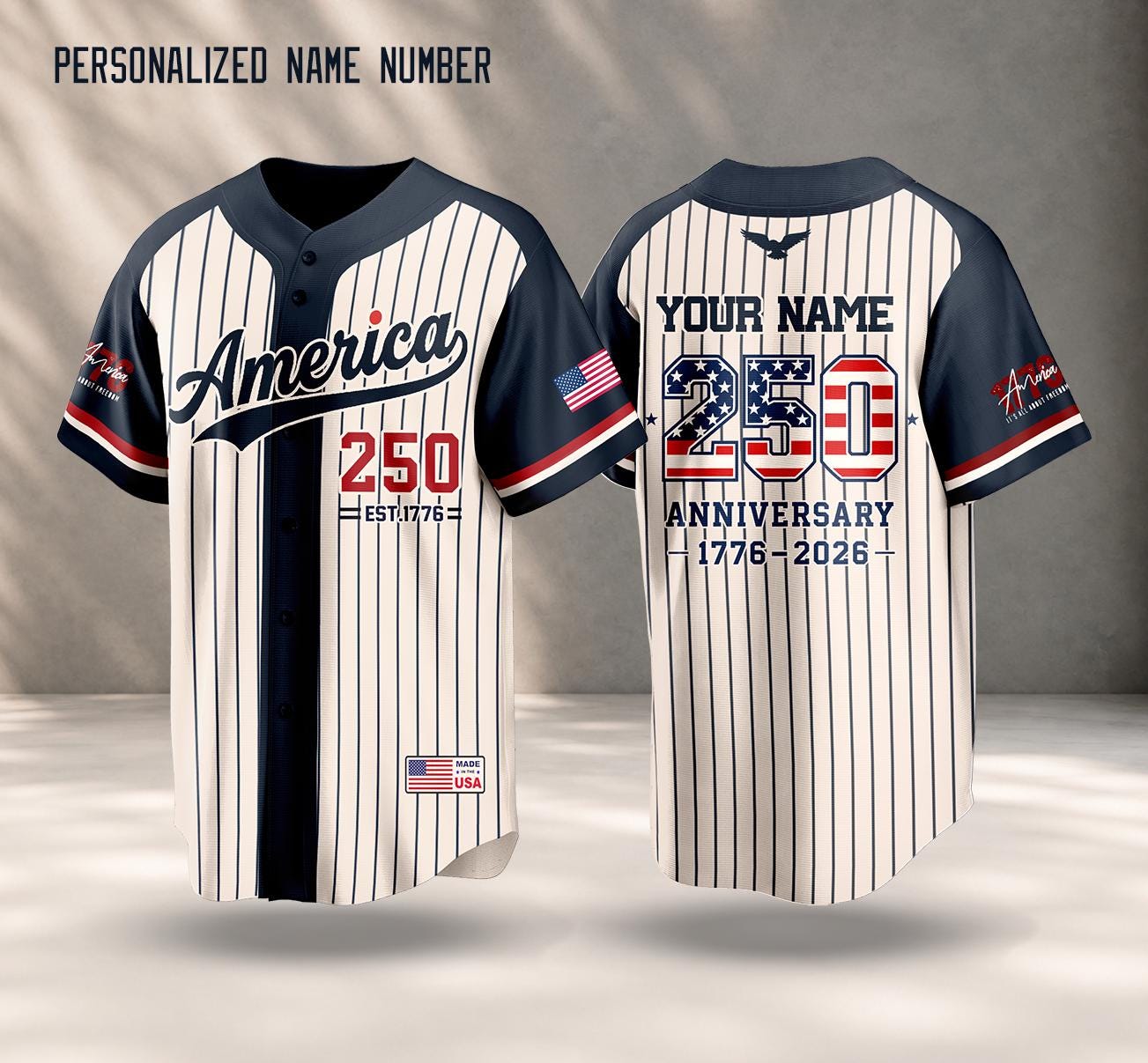 Personalized America 250 Jersey, 4th of July Baseball Shirt, USA Patriotic Jersey, Custom Name Number Independence Day Outfit