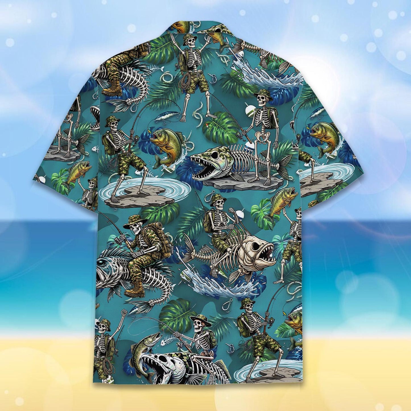 Veteran Skeleton Fishing Hawaiian Shirt for Men Women Youth, Skeleton Bass Fish Bone Summer Shirt, Tropical Outdoor Fisherman Gift Tee