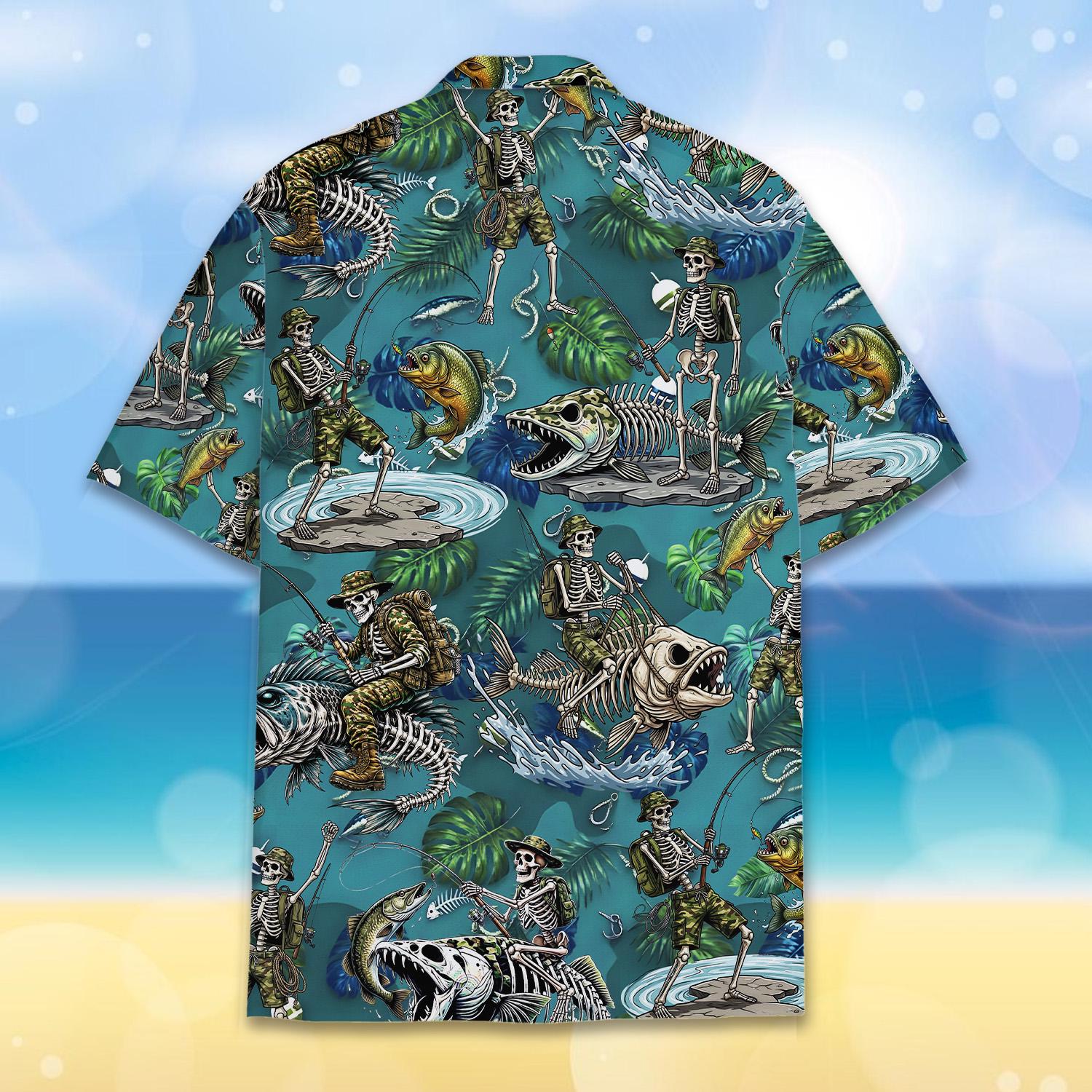 Veteran Skeleton Fishing Hawaiian Shirt for Men Women Youth, Skeleton Bass Fish Bone Summer Shirt, Tropical Outdoor Fisherman Gift Tee
