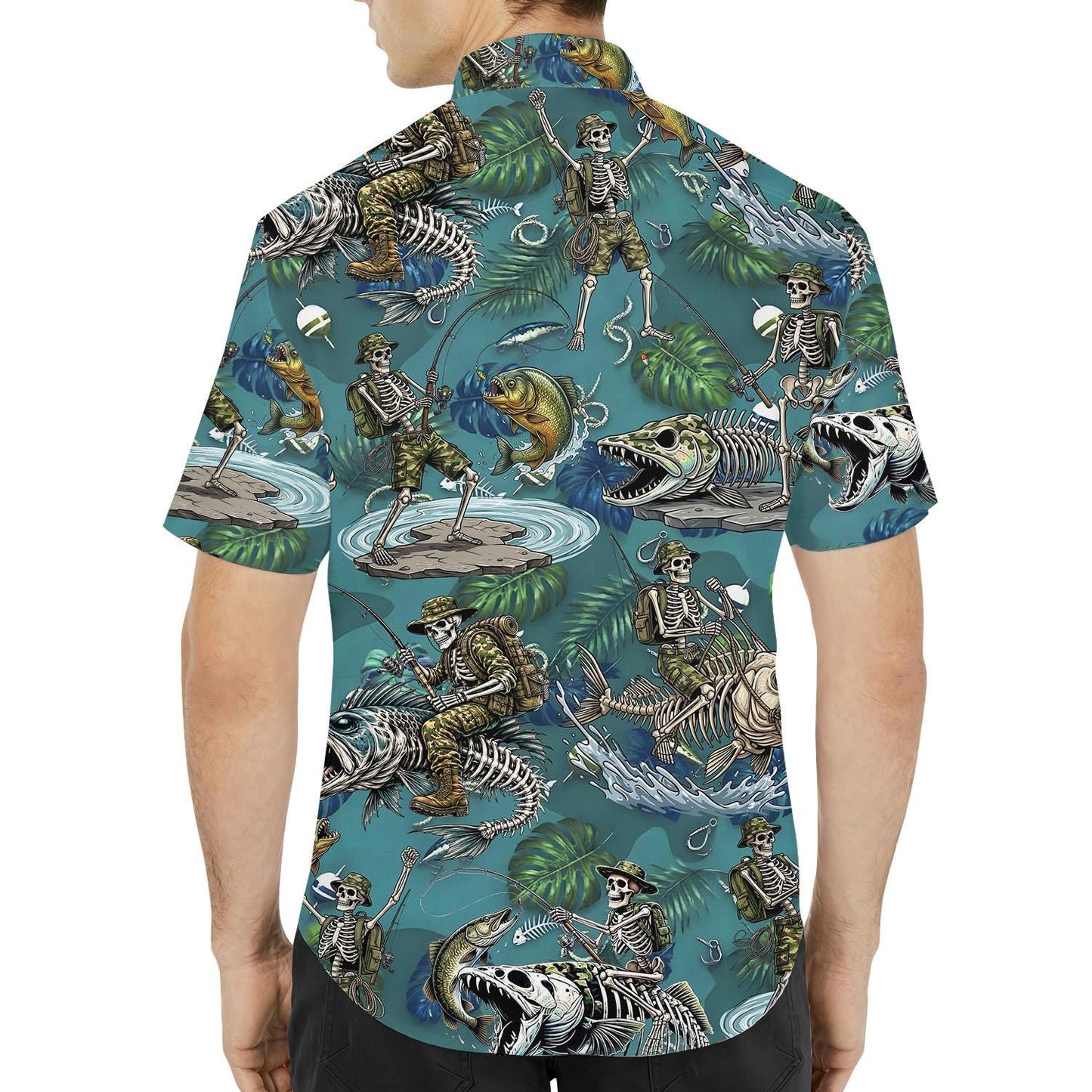 Veteran Skeleton Fishing Hawaiian Shirt for Men Women Youth, Skeleton Bass Fish Bone Summer Shirt, Tropical Outdoor Fisherman Gift Tee