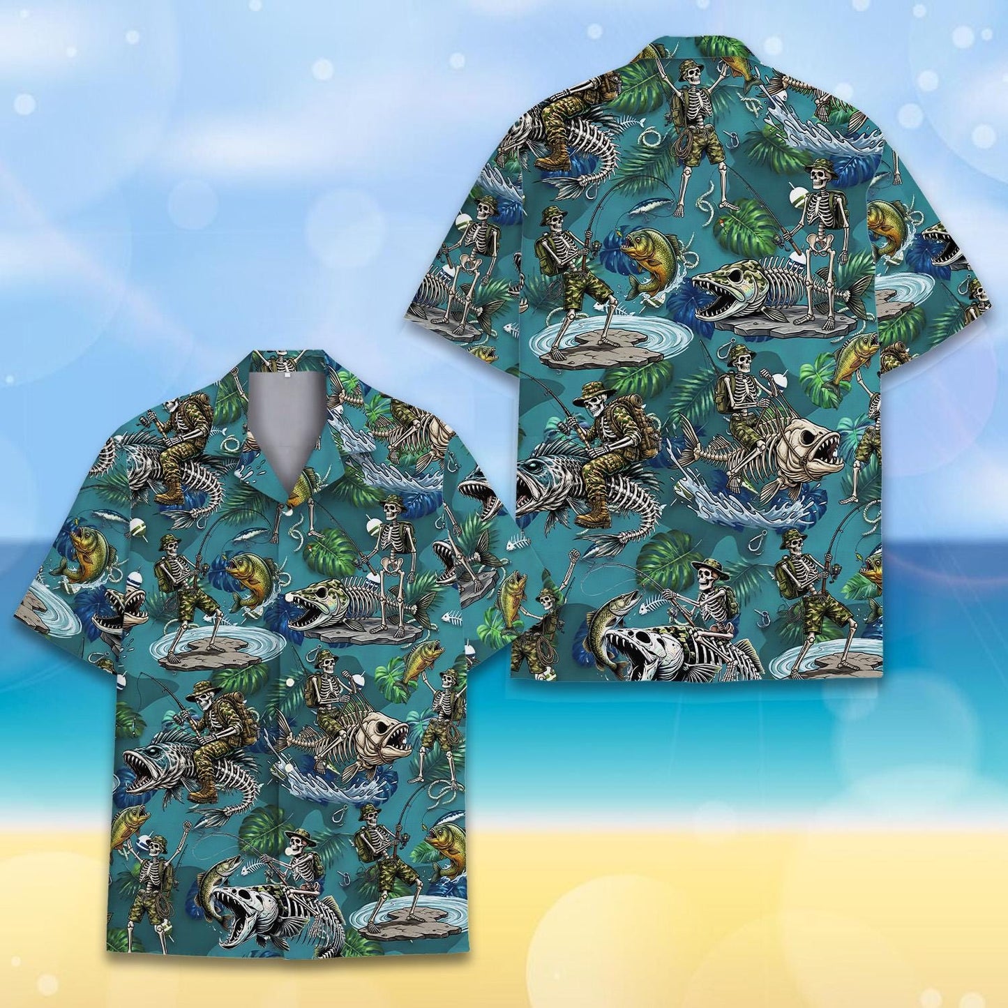Veteran Skeleton Fishing Hawaiian Shirt for Men Women Youth, Skeleton Bass Fish Bone Summer Shirt, Tropical Outdoor Fisherman Gift Tee