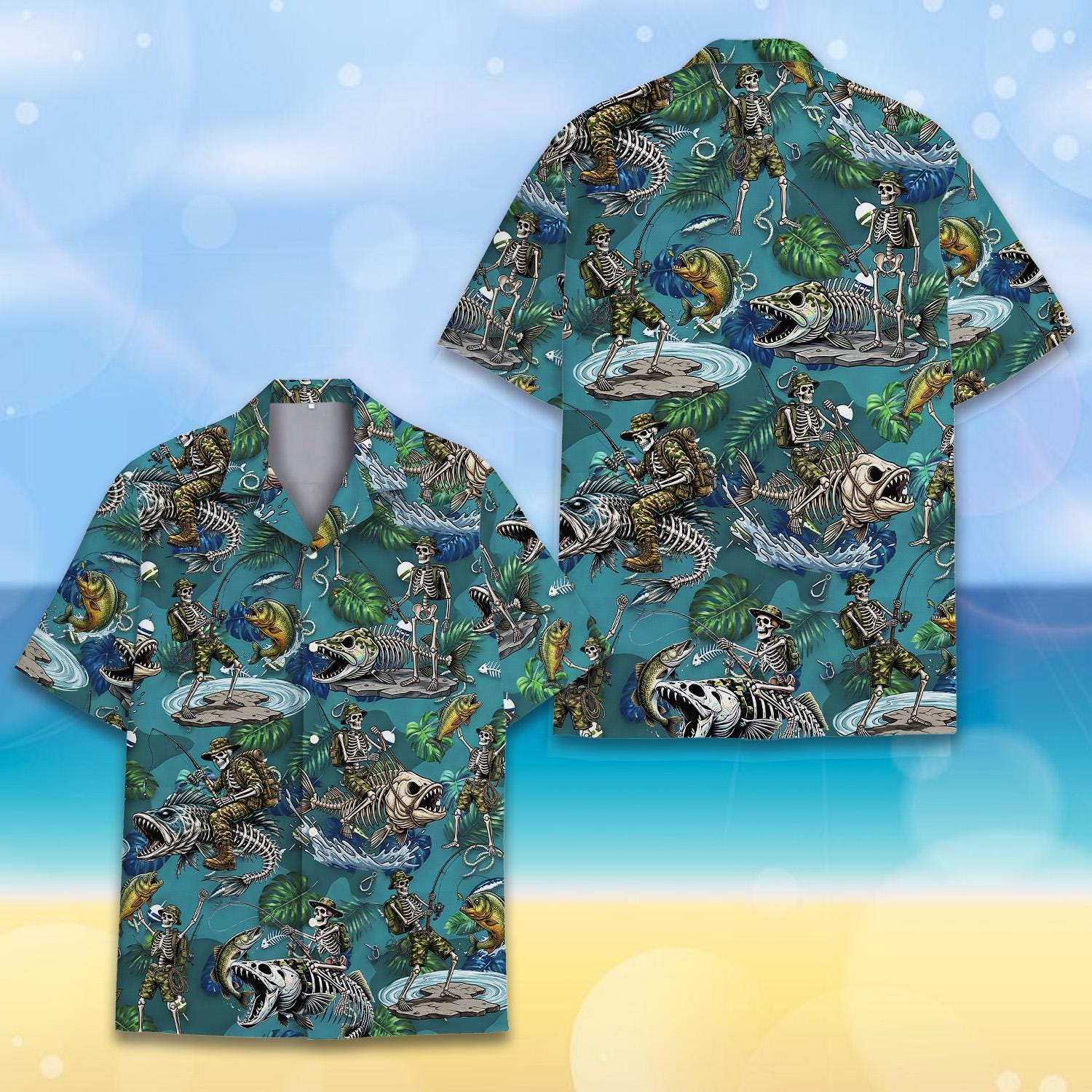 Veteran Skeleton Fishing Hawaiian Shirt for Men Women Youth, Skeleton Bass Fish Bone Summer Shirt, Tropical Outdoor Fisherman Gift Tee