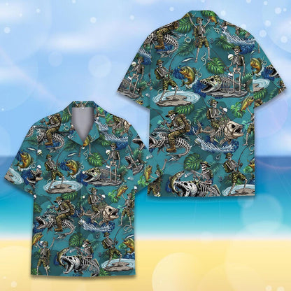 Veteran Skeleton Fishing Hawaiian Shirt for Men Women Youth, Skeleton Bass Fish Bone Summer Shirt, Tropical Outdoor Fisherman Gift Tee