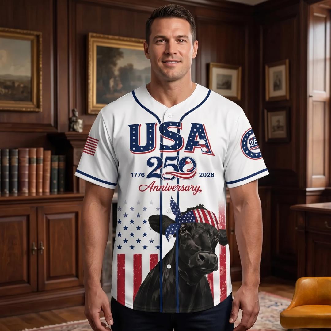 USA 250 Anniversary Black Angus Baseball Jersey, Patriotic Cattle Farmer Shirt, 1776–2026 July 4th, Patriotic Gift