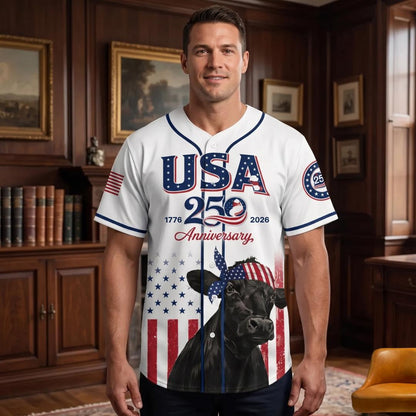 USA 250 Anniversary Black Angus Baseball Jersey, Patriotic Cattle Farmer Shirt, 1776–2026 July 4th, Patriotic Gift