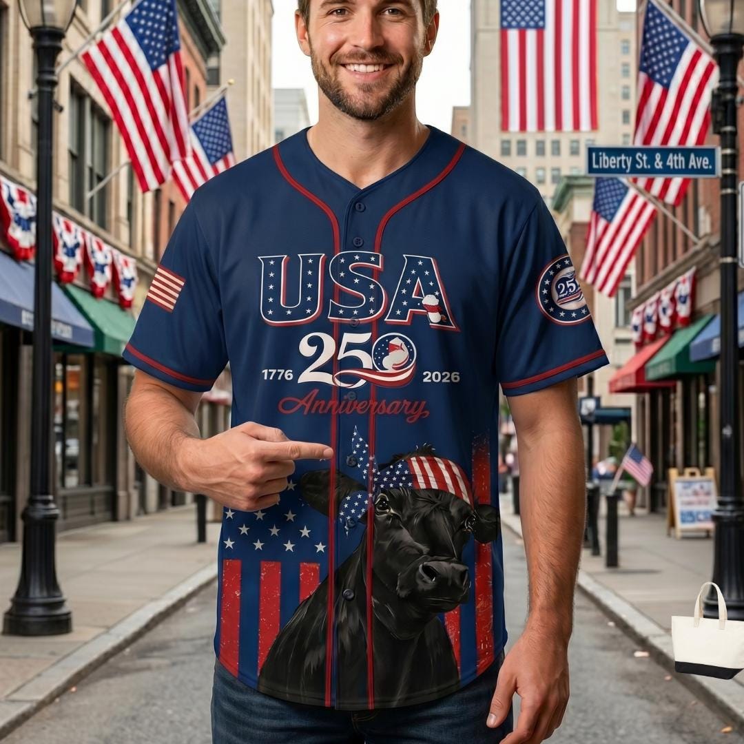 USA 250 Anniversary Black Angus Baseball Jersey, Patriotic Cattle Farmer Shirt, 1776–2026 July 4th, Patriotic Gift