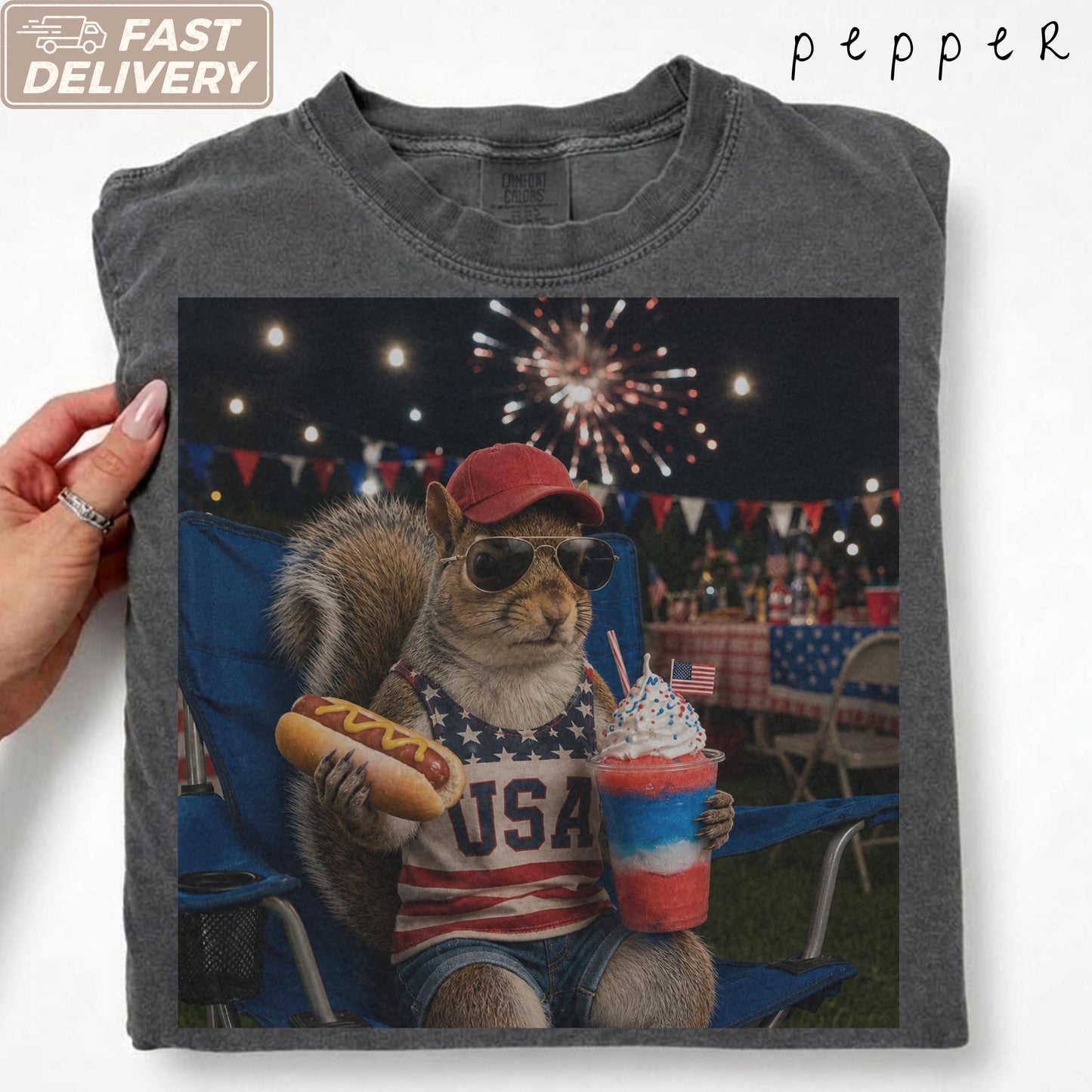 Comfort Colors® Funny Patriotic Hotdog Slushie Squirrel Shirt 4th of July America Shirt Design Funny USA Animal Graphic Top Independence Day
