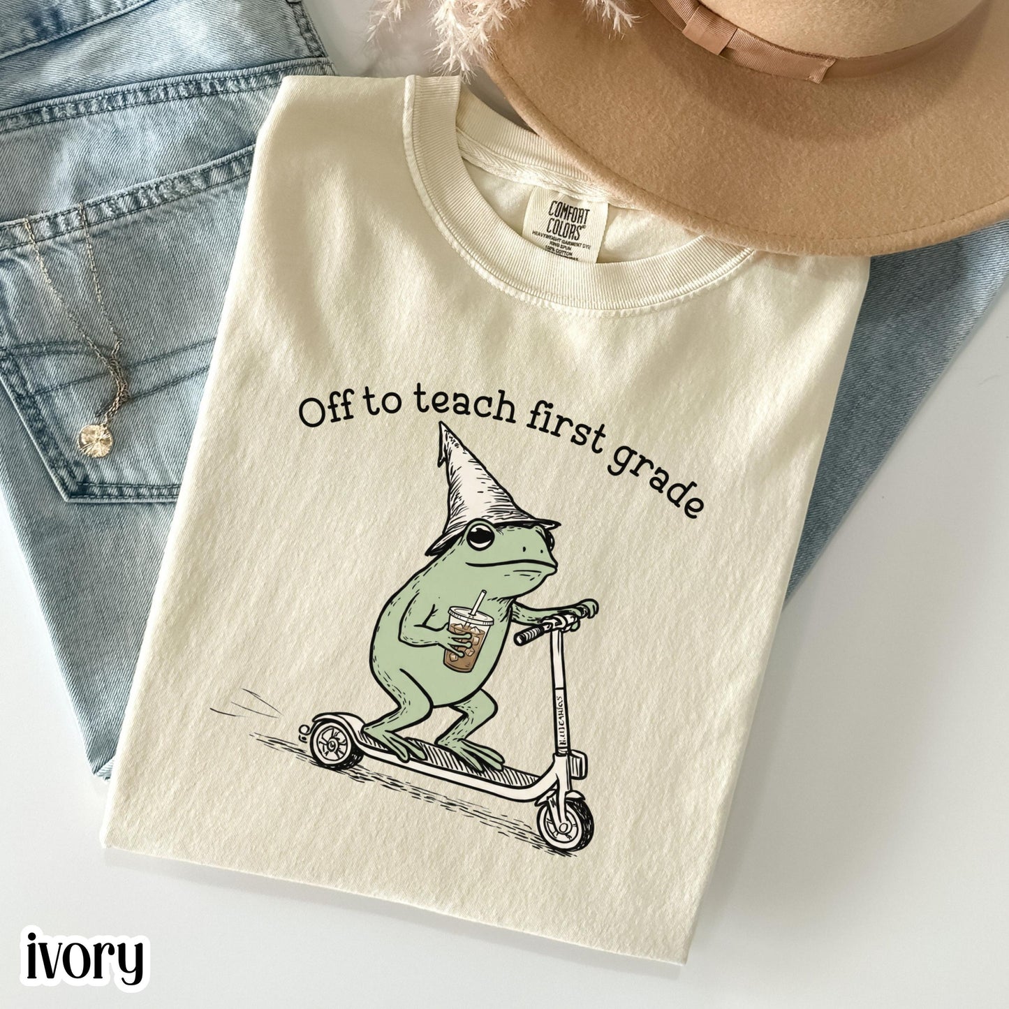 Comfort Colors® First Grade Shirt 1st Grade Teacher Back to School T-shirt Silly Off To Teach Frog Iced Coffee Tee Cute Elementary Teacher