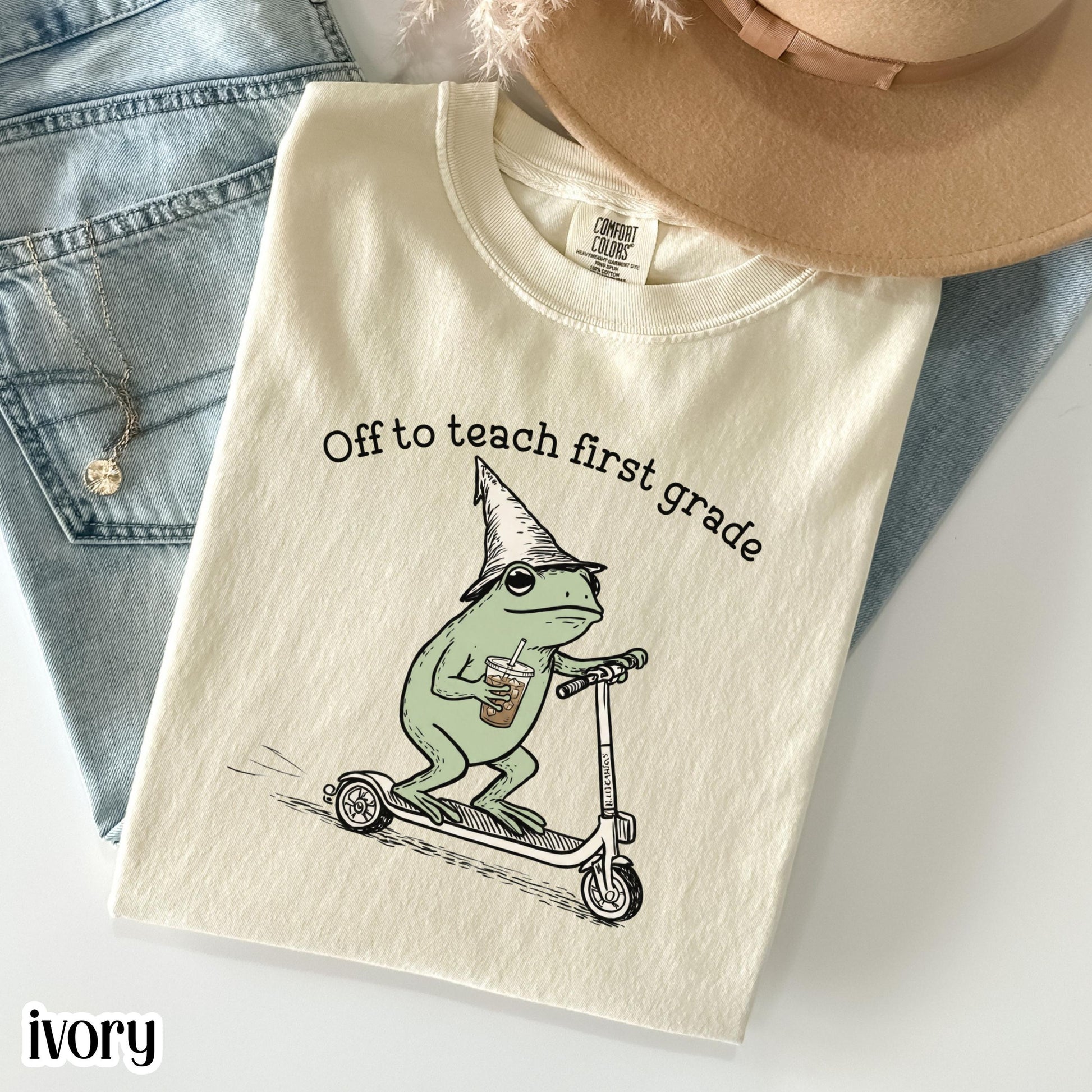 Comfort Colors® First Grade Shirt 1st Grade Teacher Back to School T-shirt Silly Off To Teach Frog Iced Coffee Tee Cute Elementary Teacher