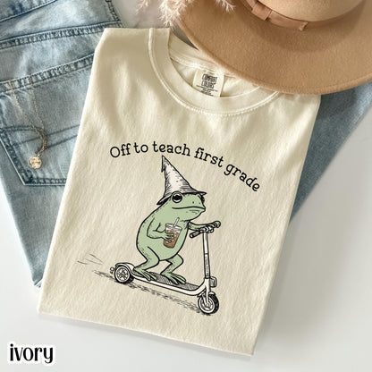 Comfort Colors® First Grade Shirt 1st Grade Teacher Back to School T-shirt Silly Off To Teach Frog Iced Coffee Tee Cute Elementary Teacher