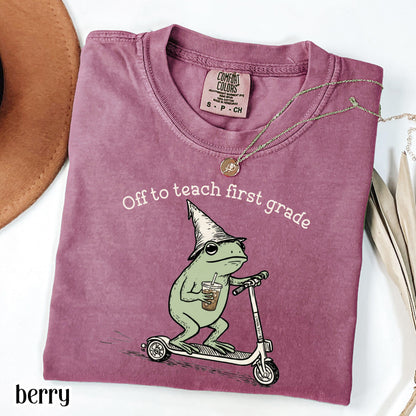 Comfort Colors® First Grade Shirt 1st Grade Teacher Back to School T-shirt Silly Off To Teach Frog Iced Coffee Tee Cute Elementary Teacher