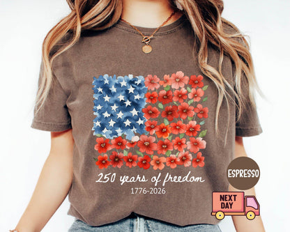 Comfort Colors® Patriotic Floral USA Shirt, America 250th Anniversary Tee, 1776-2026 4th of July Matching Family Outfit Shirt