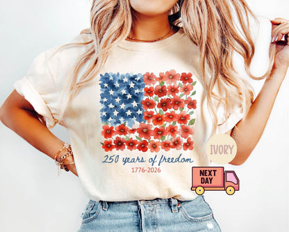 Comfort Colors® Patriotic Floral USA Shirt, America 250th Anniversary Tee, 1776-2026 4th of July Matching Family Outfit Shirt