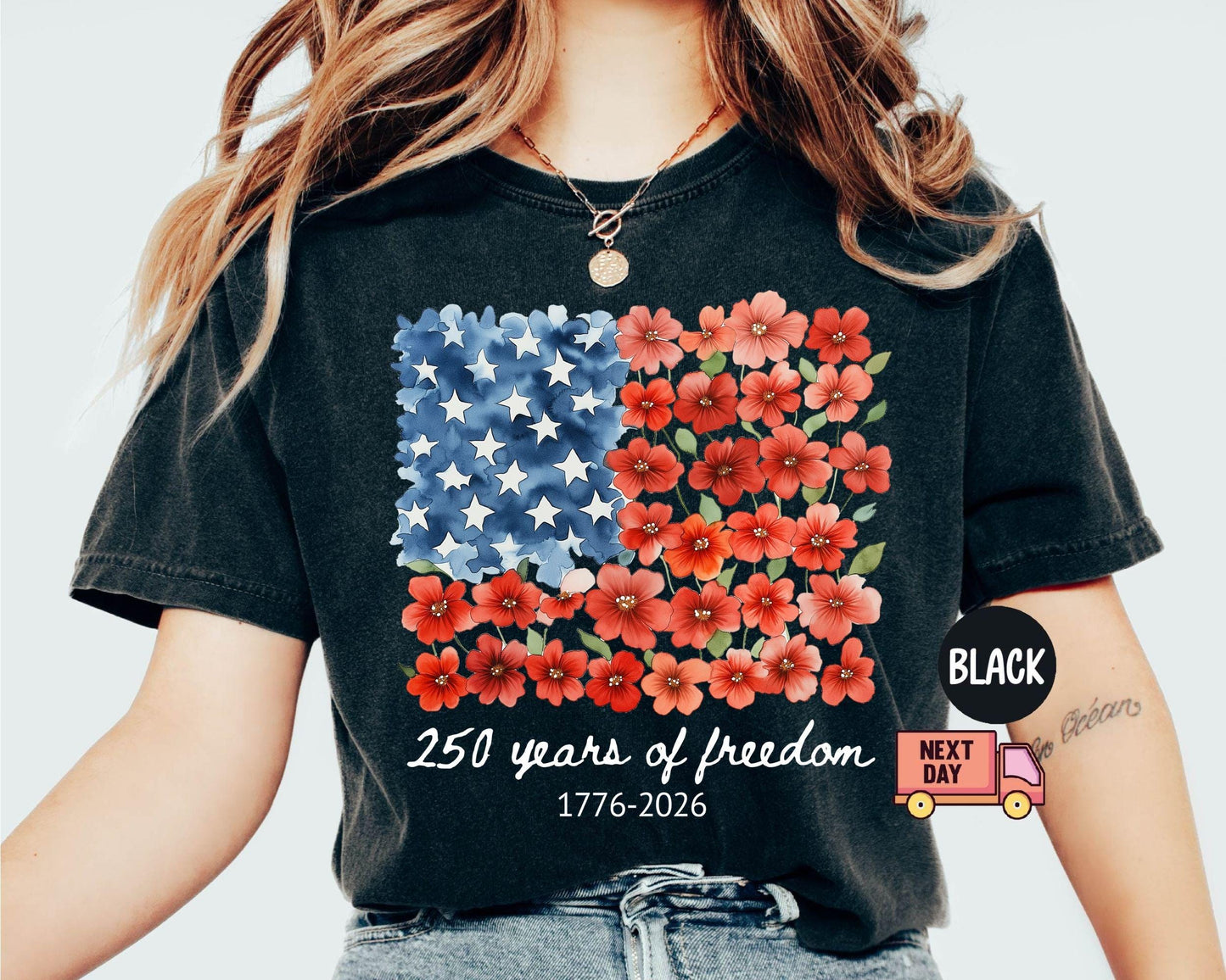 Comfort Colors® Patriotic Floral USA Shirt, America 250th Anniversary Tee, 1776-2026 4th of July Matching Family Outfit Shirt