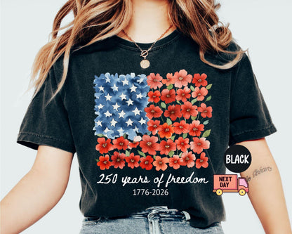 Comfort Colors® Patriotic Floral USA Shirt, America 250th Anniversary Tee, 1776-2026 4th of July Matching Family Outfit Shirt