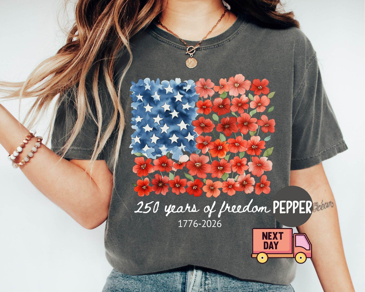 Comfort Colors® Patriotic Floral USA Shirt, America 250th Anniversary Tee, 1776-2026 4th of July Matching Family Outfit Shirt