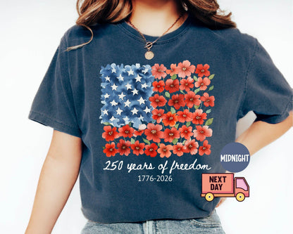 Comfort Colors® Patriotic Floral USA Shirt, America 250th Anniversary Tee, 1776-2026 4th of July Matching Family Outfit Shirt