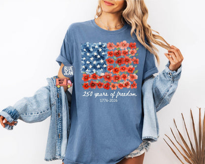 Comfort Colors® Patriotic Floral USA Shirt, America 250th Anniversary Tee, 1776-2026 4th of July Matching Family Outfit Shirt